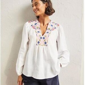 Boden White Embroidered Linen Top V-Neck Long Sleeve Blouse, US 6 (A4)